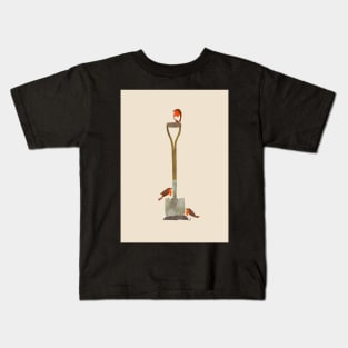 Three little robins on a garden spade Kids T-Shirt